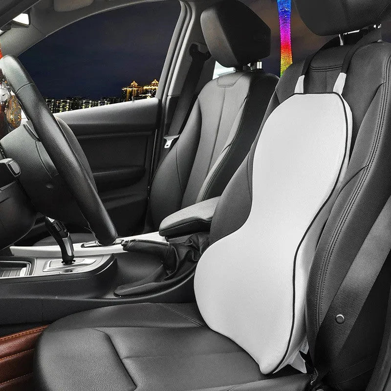 Memory cotton lumbar support cushion in a two-tone design for car seat or office chair.