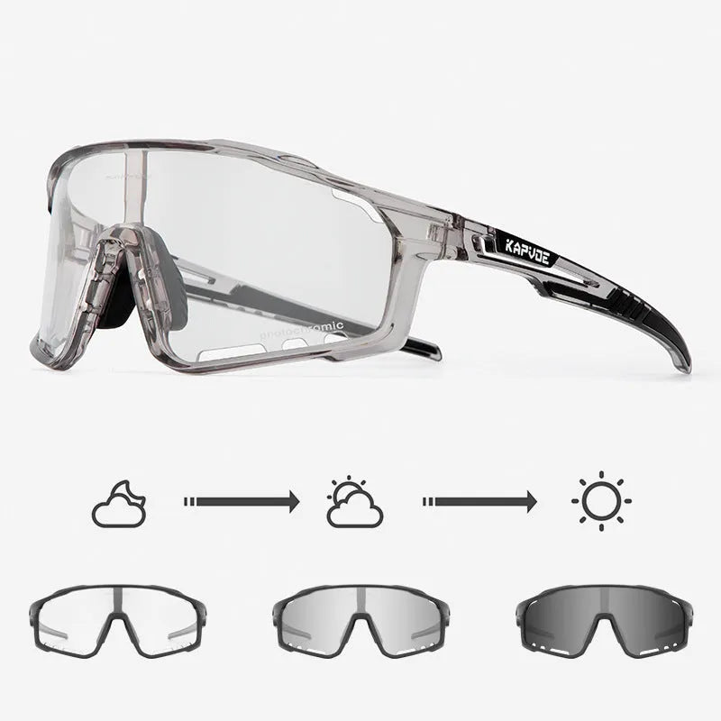 Photochromic cycling sunglasses with a semi-rimless TR90 frame in one of fourteen colour options.