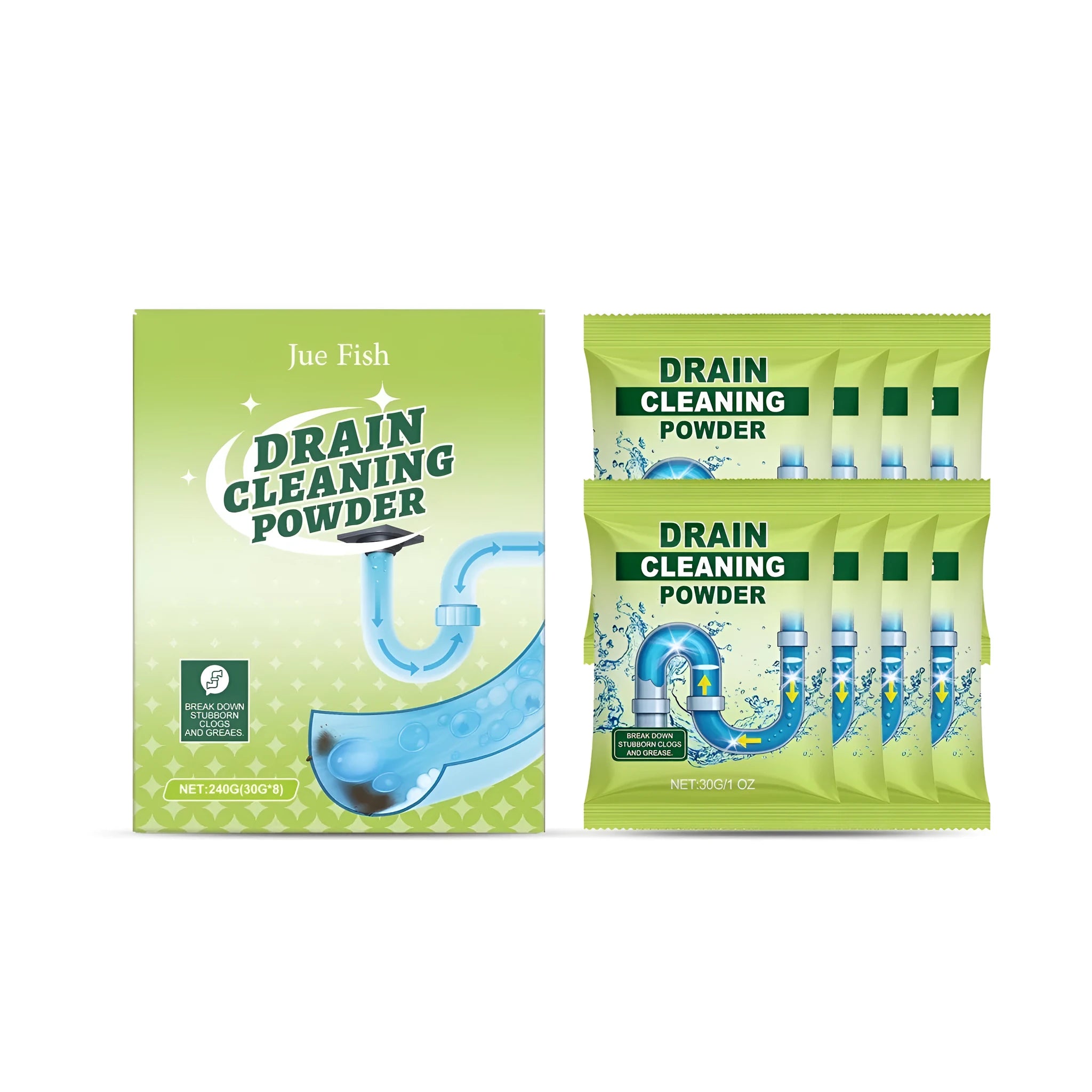 240g drain cleaning powder package containing eight 30g packets with sodium hydroxide formulation
