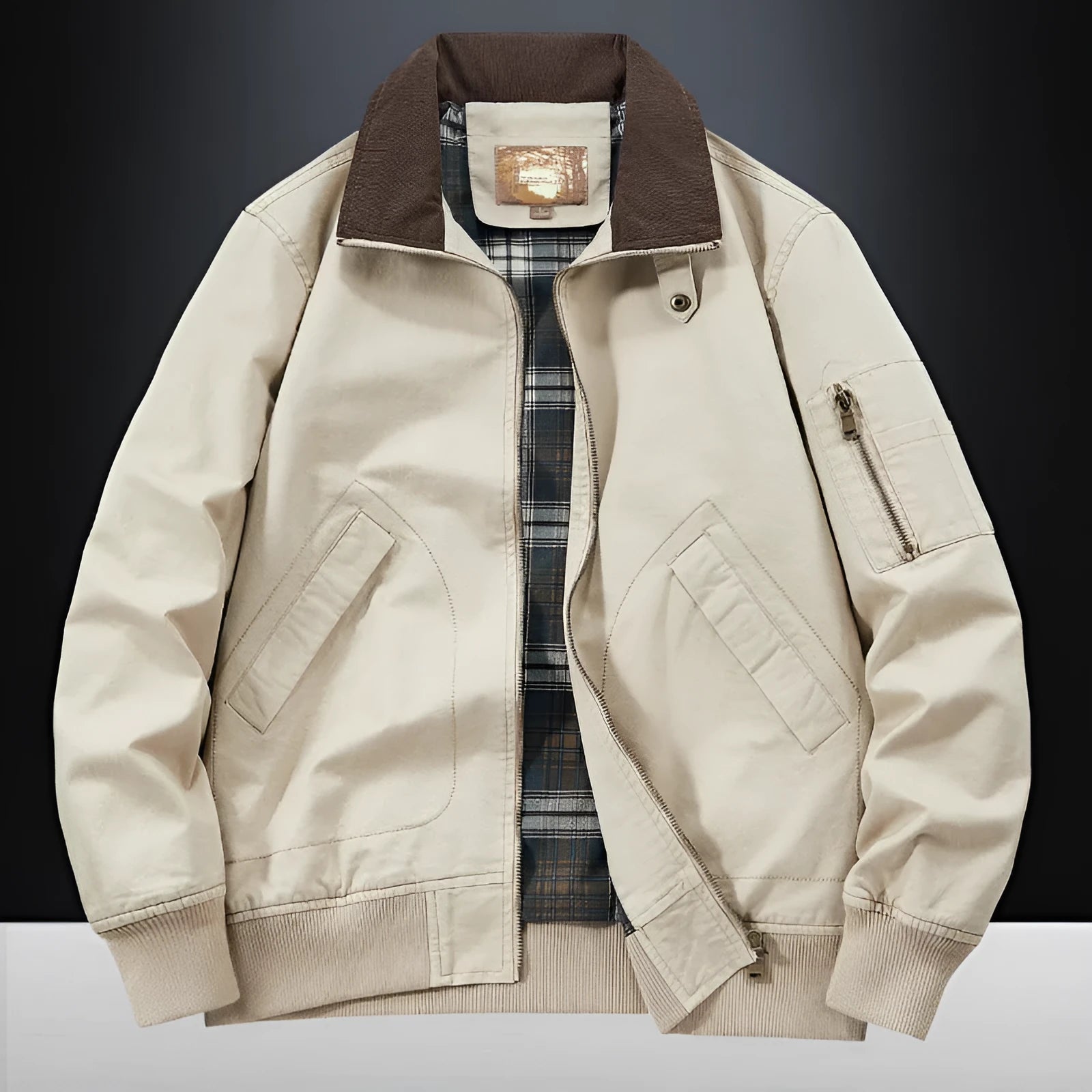 Men's plus size washed cotton baseball-style flight jacket in army green.