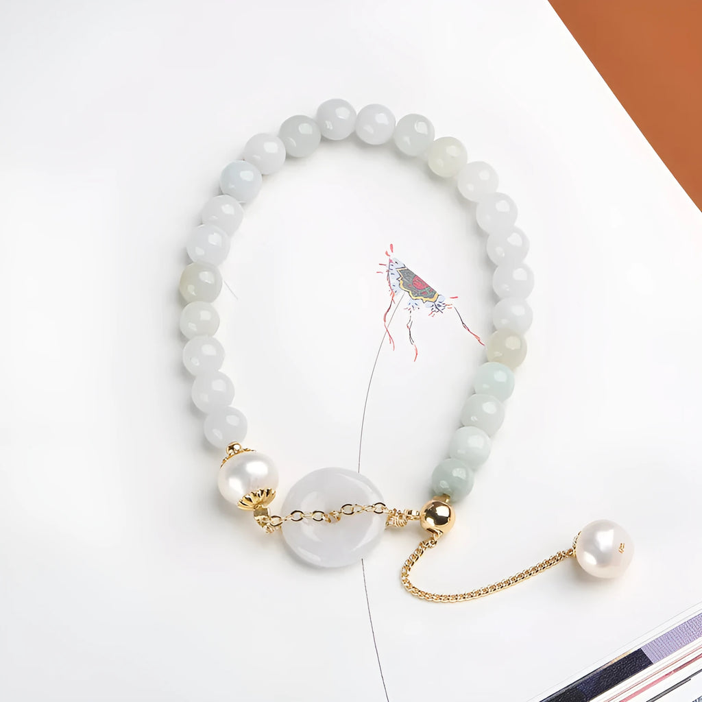 Natural emerald jade peace buckle pearl bracelet with geometric shapes and national style design