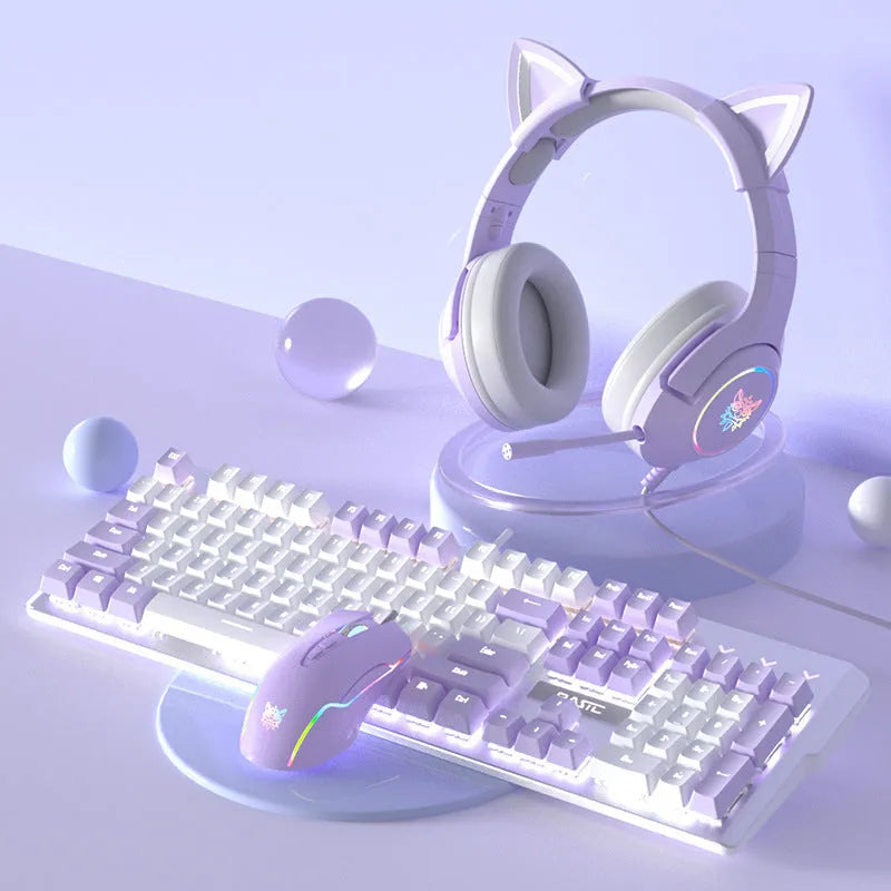 White and purple LED backlit mechanical keyboard and wired mouse set on a desk.
