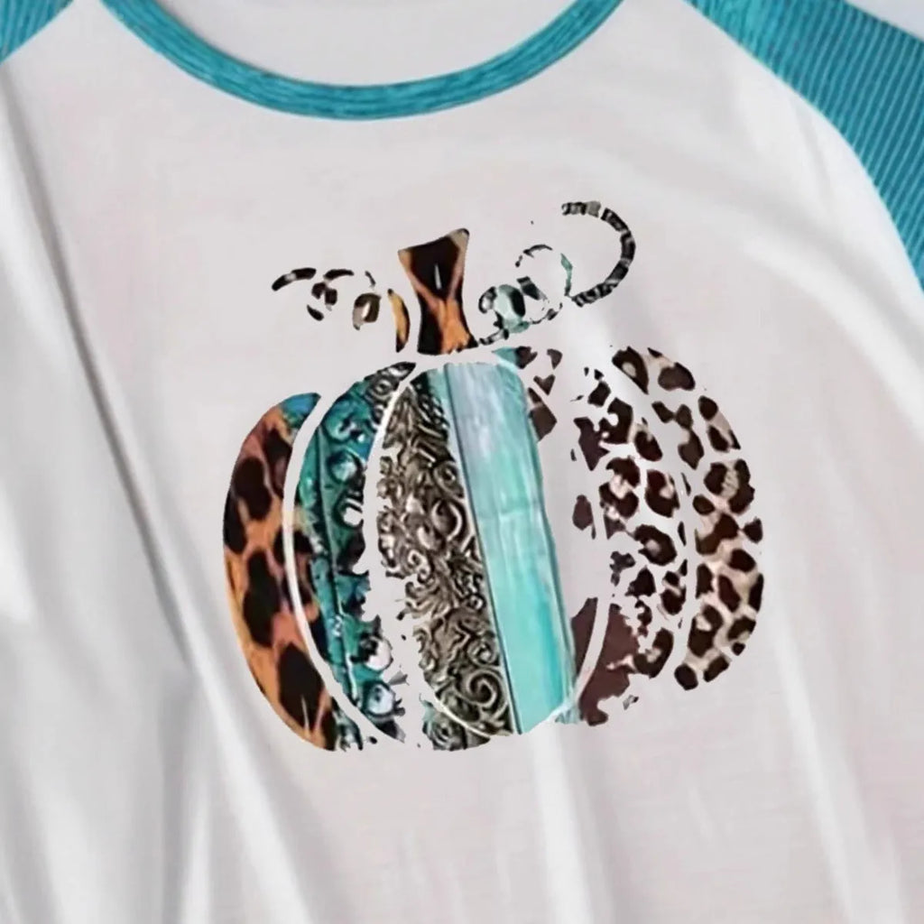 Sky blue casual t-shirt with a large 3D digital print of a Halloween pumpkin on the front.