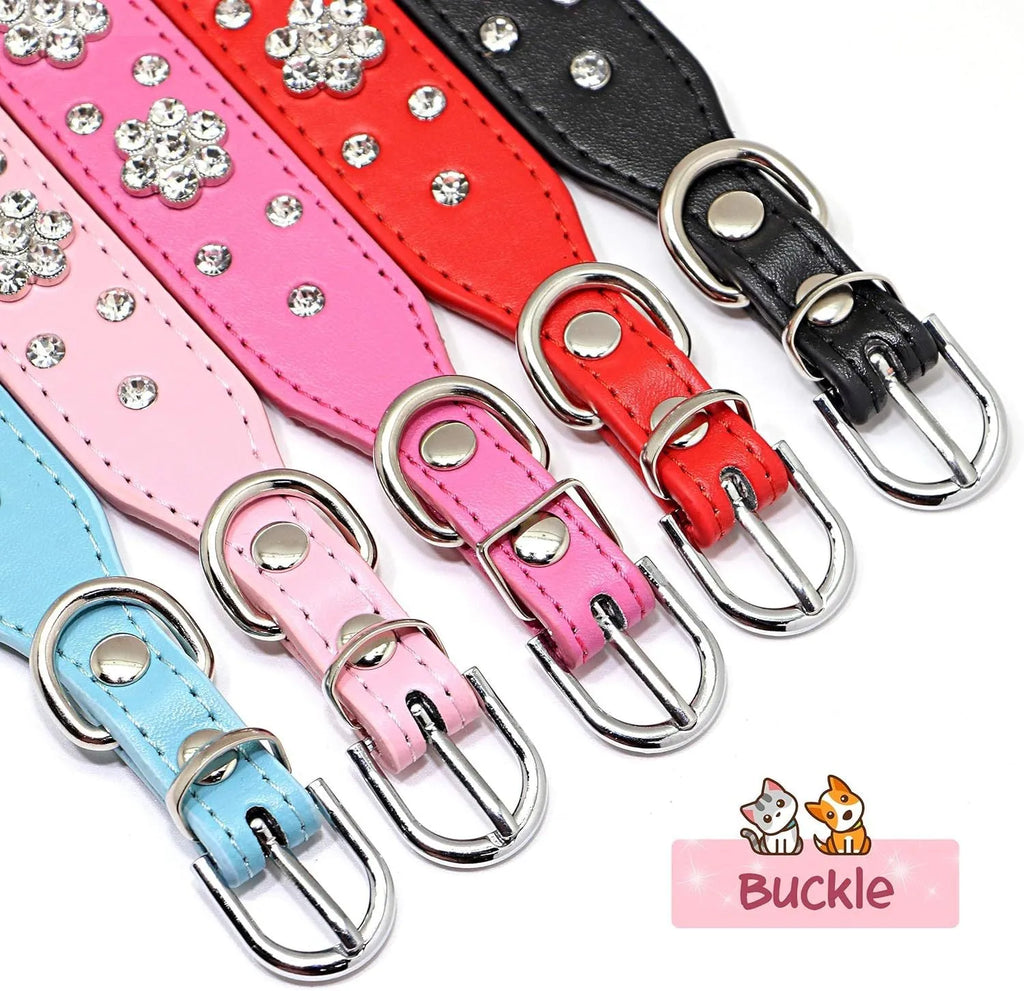 PU leather dog collar with rhinestone flower pattern and metal D-ring on a white background