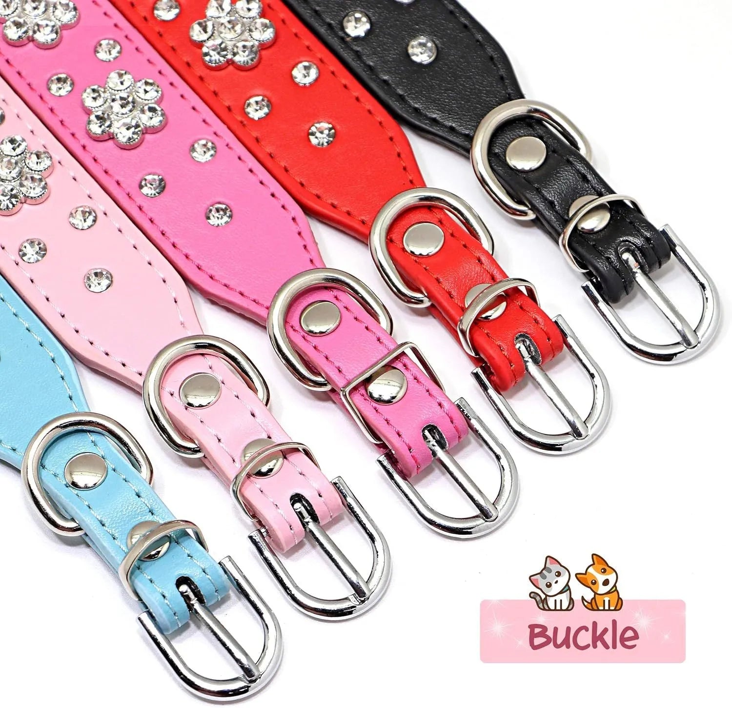 PU leather dog collar with rhinestone flower pattern and metal D-ring on a white background