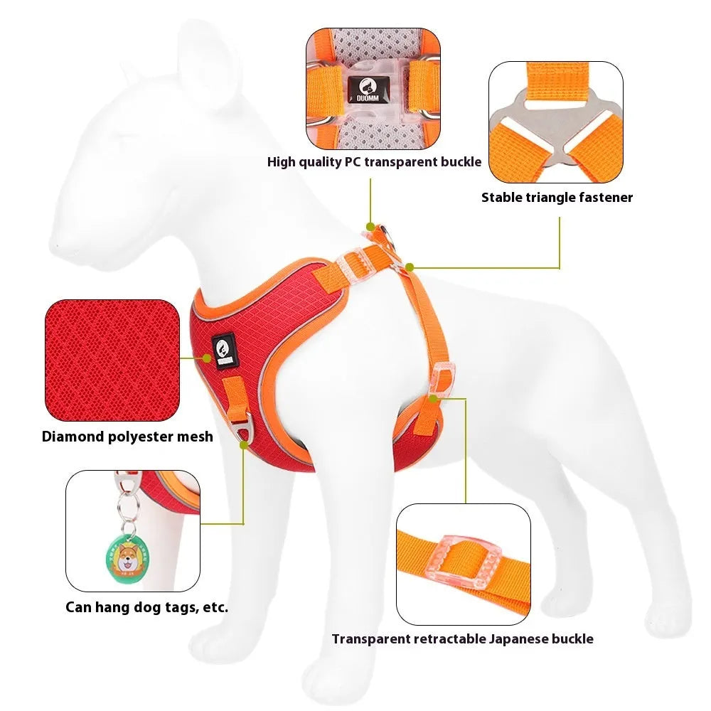 Adjustable reflective dog harness in polyester for small to medium pets, shown in multiple colours.