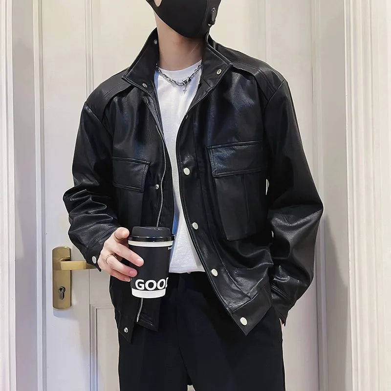 Men's black Korean style PU leather jacket with side pockets and polyester lining