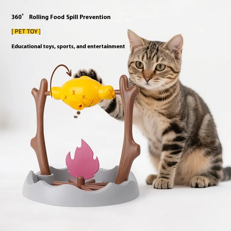 Barbecue-style tumbling cat food feeder with leakage control measuring 30x30x29cm