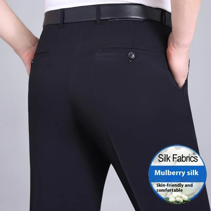 Men's straight-cut high-waist business trousers in a mulberry silk blend fabric.