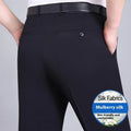 Men's straight-cut high-waist business trousers in a mulberry silk blend fabric.