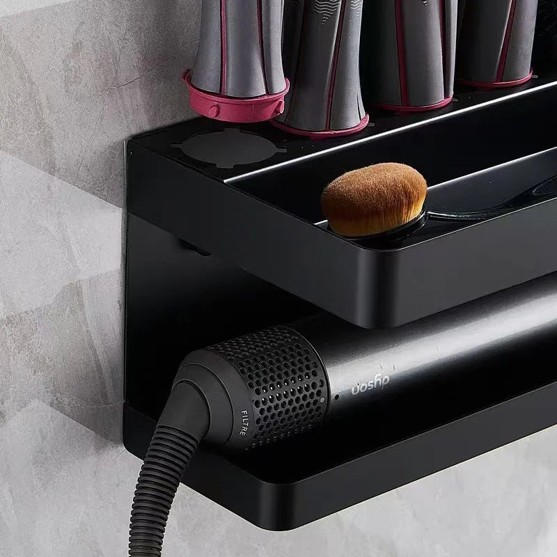 Double-layer aluminium punch-free bathroom storage rack for Marcel waver curlers in black