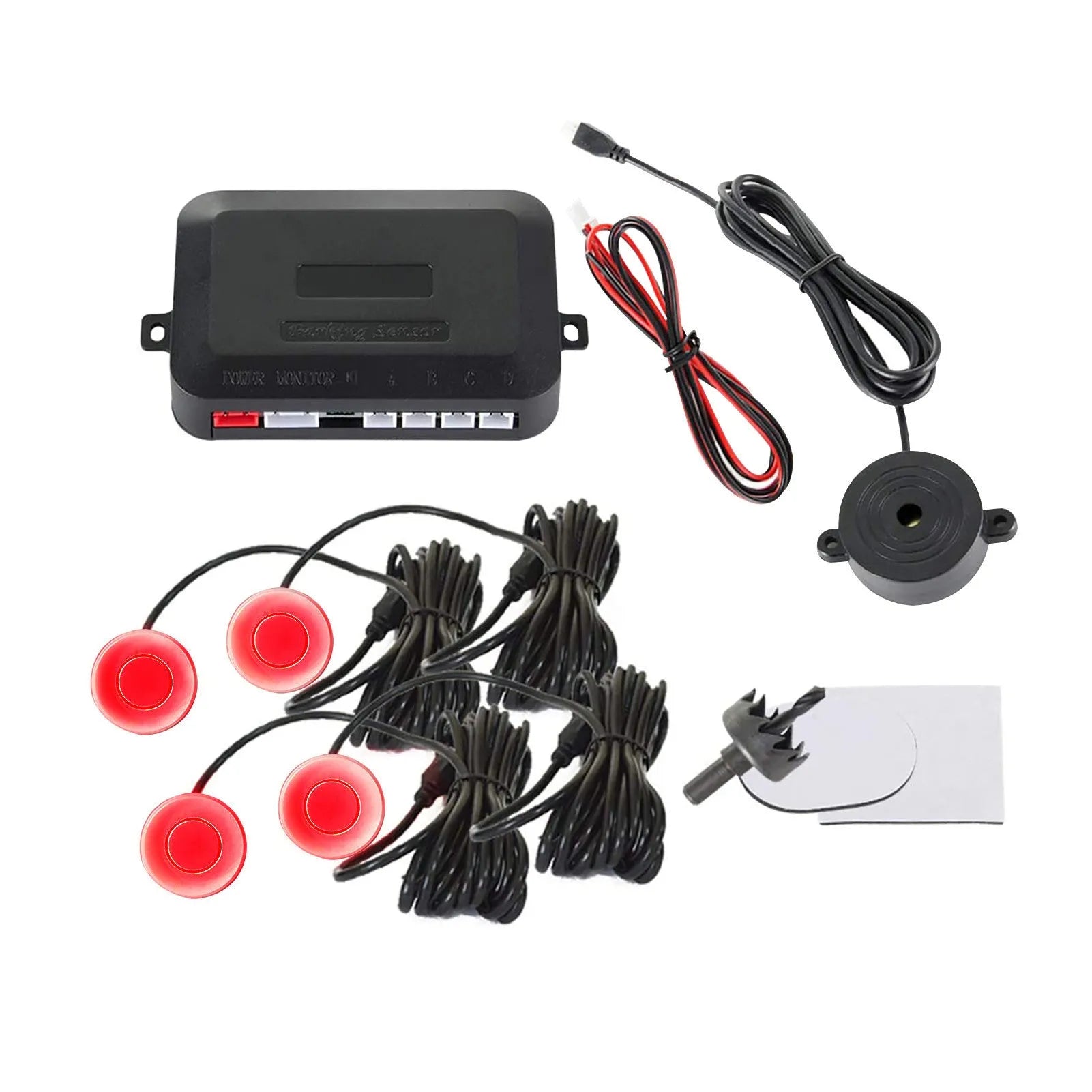 4-probe car reversing radar system with buzzer module, sensors, and installation tools