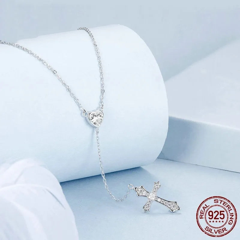 Simple V-neck love cross necklace with 925 silver pendant and O-ring chain in silver colour for women BSN384