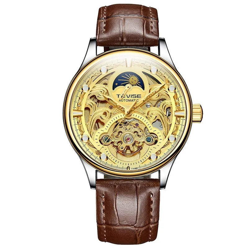 Gold leather strap automatic mechanical watch for men on wrist