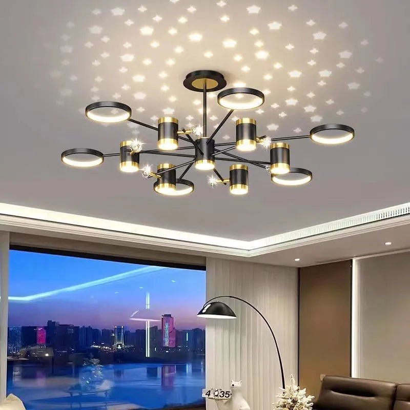 Black iron pendant chandelier with 13 LED light heads and adjustable hanging height