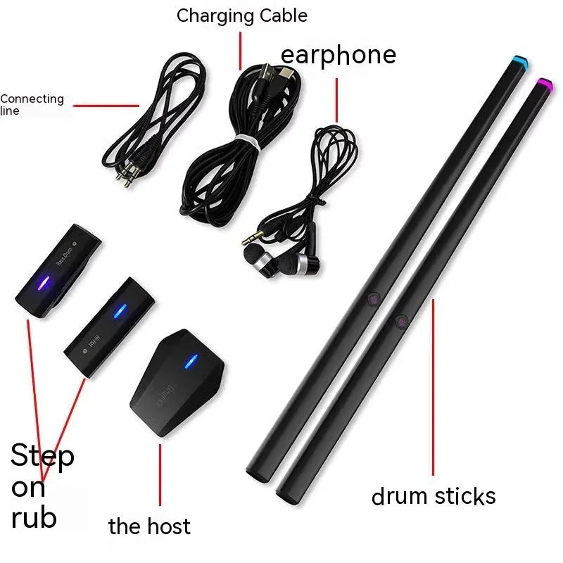 Black somatosensory air drum kit with wireless drumsticks and LED lighting on black background