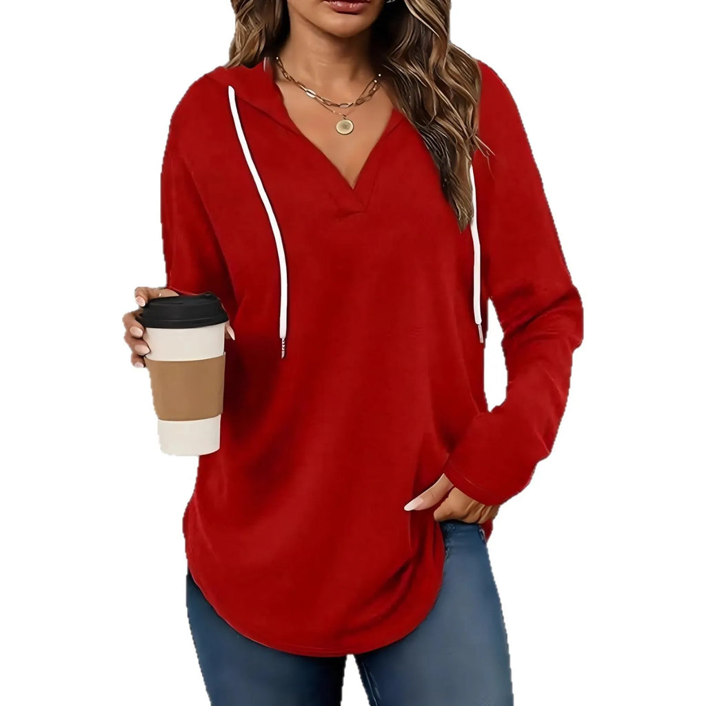 Red women's V-neck hooded sweatshirt with long sleeves on a hanger.