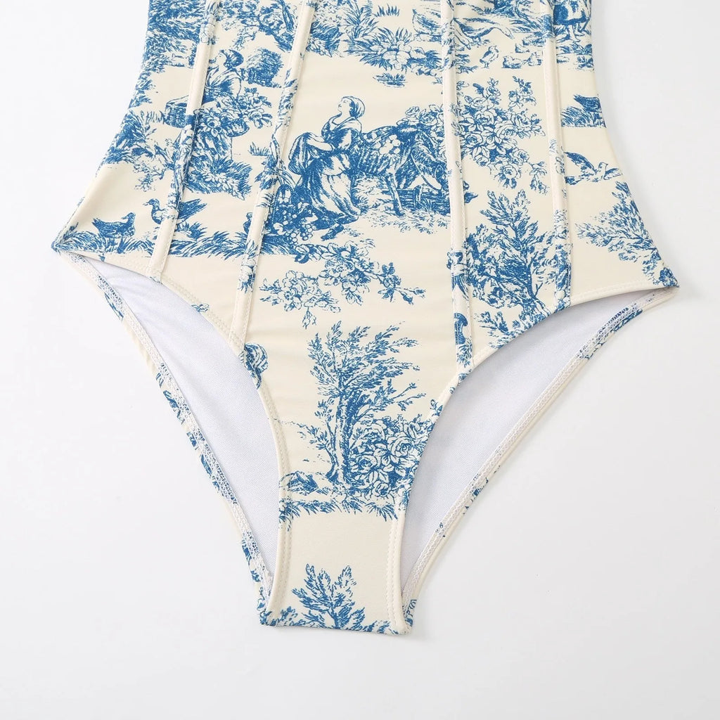 Blue patterned one-piece swimsuit for women with matching gauze skirt option in polyester fabric