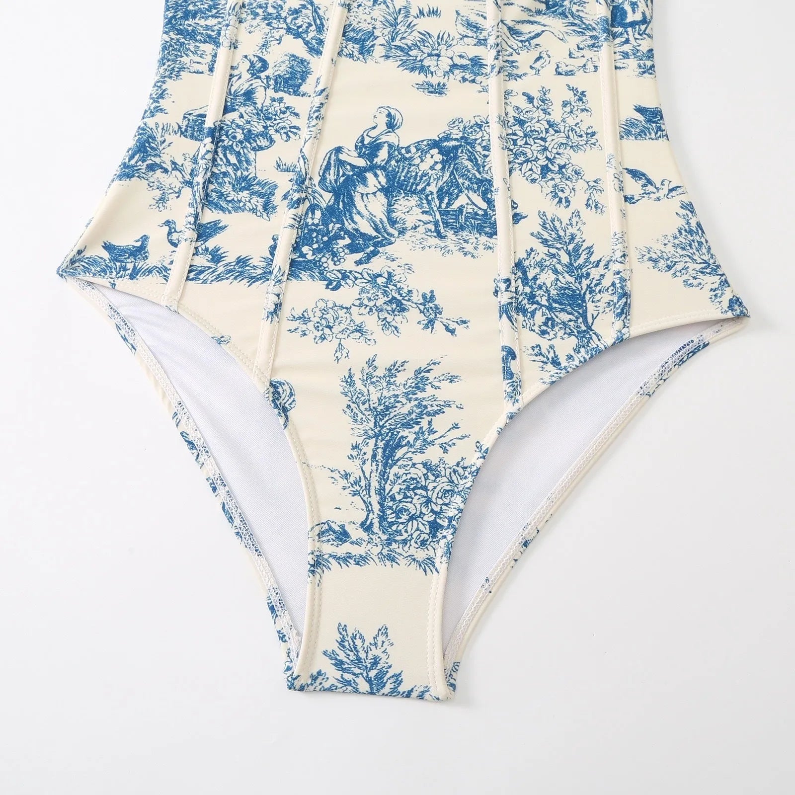 Blue patterned one-piece swimsuit for women with matching gauze skirt option in polyester fabric