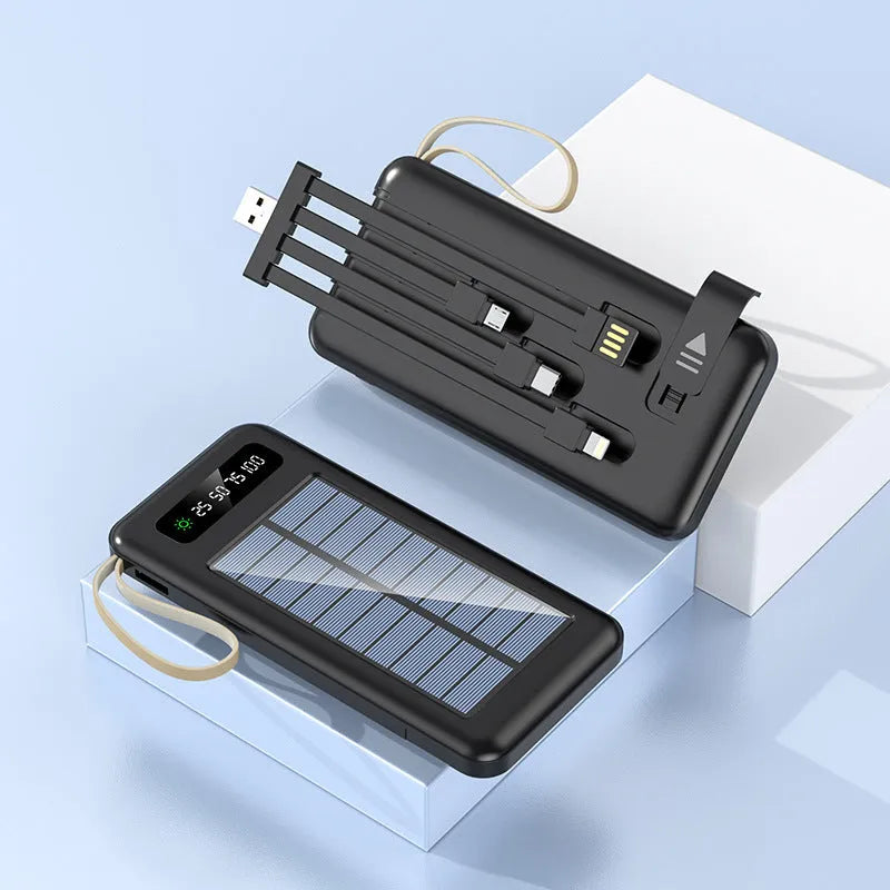 Solar power bank in black or white with solar panel, showing 20000mA or 30000mA capacity.