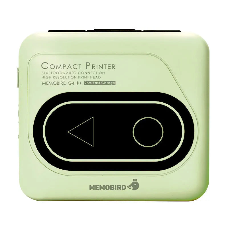 Compact Avocado Green Bluetooth mini thermal printer with charging cable and paper roll on a white surface.