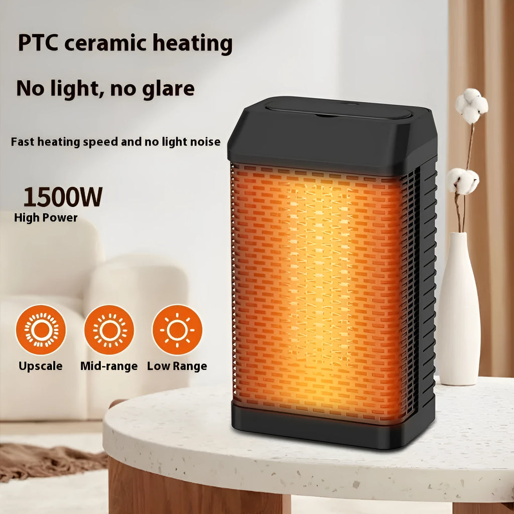 Black remote-controlled smart desktop heater showing compact design and control panel