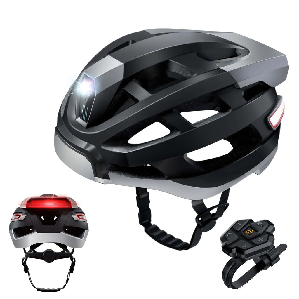 Black and grey smart cycling helmet with integrated LED warning lights on rear and Bluetooth connectivity