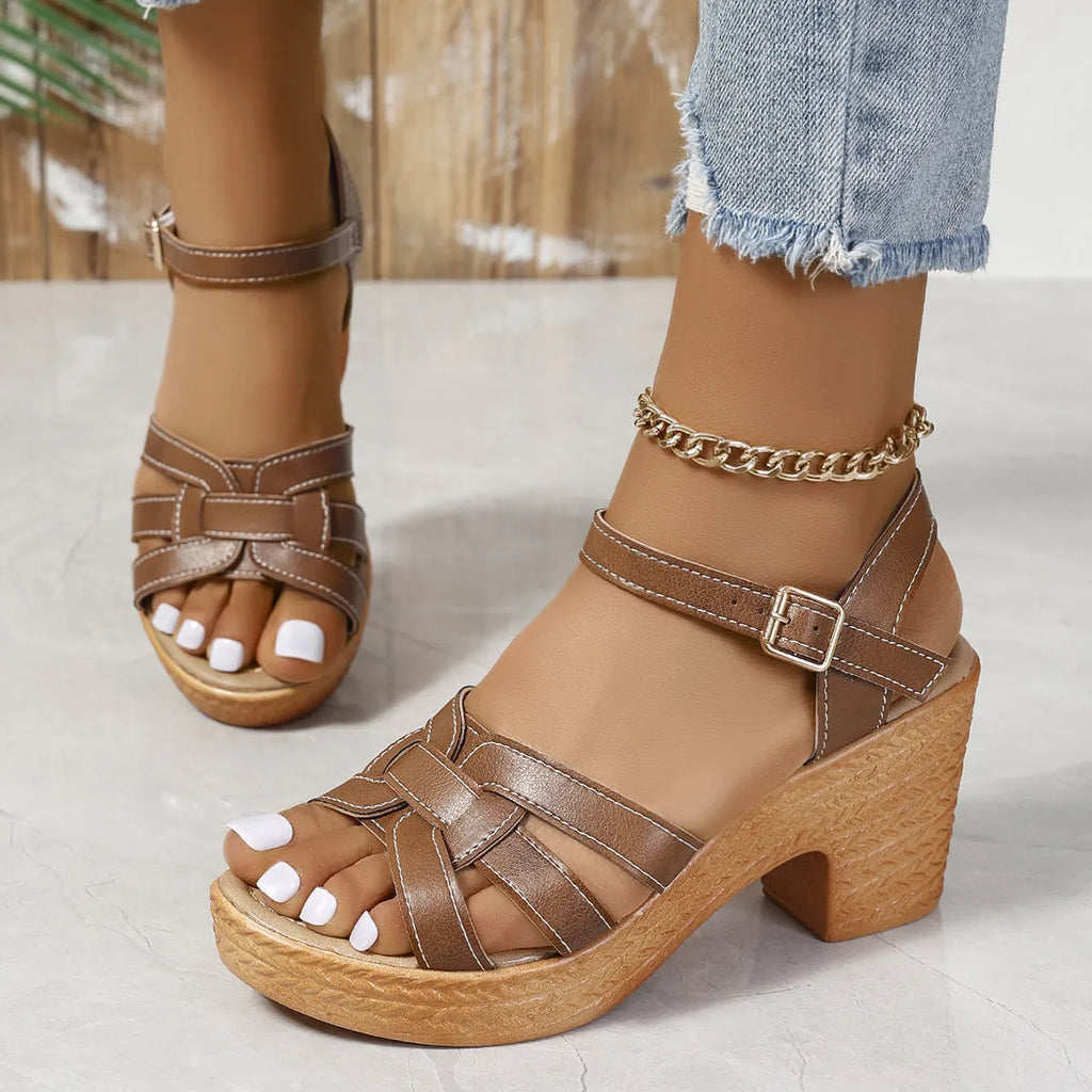 Plus size Roman women's peep toe sandals with chunky heel and ankle strap buckle in black