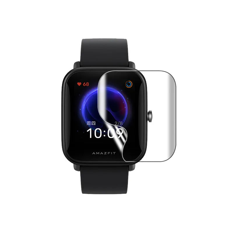 Amazfit Bip S smartwatch with clear hydrogel screen protector showing full coverage and edge alignment
