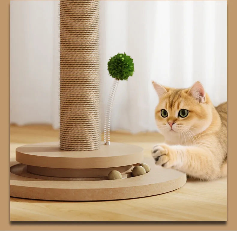 Canna coloured vertical cat climbing frame with hemp rope scratching posts and chamfered grab columns
