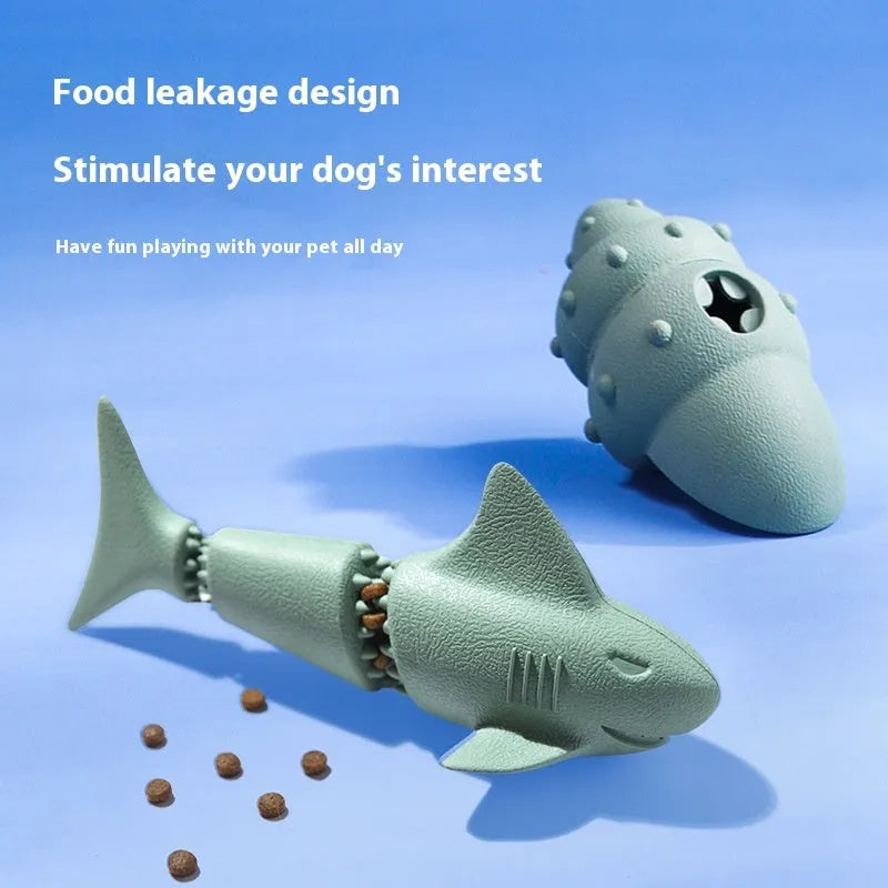 Deep sea shark shaped rubber dog chew toy in blue and green marine colours.