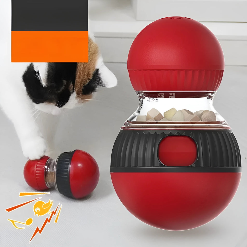 Rotating plastic cat toy with colourful super ball design and food dropping mechanism