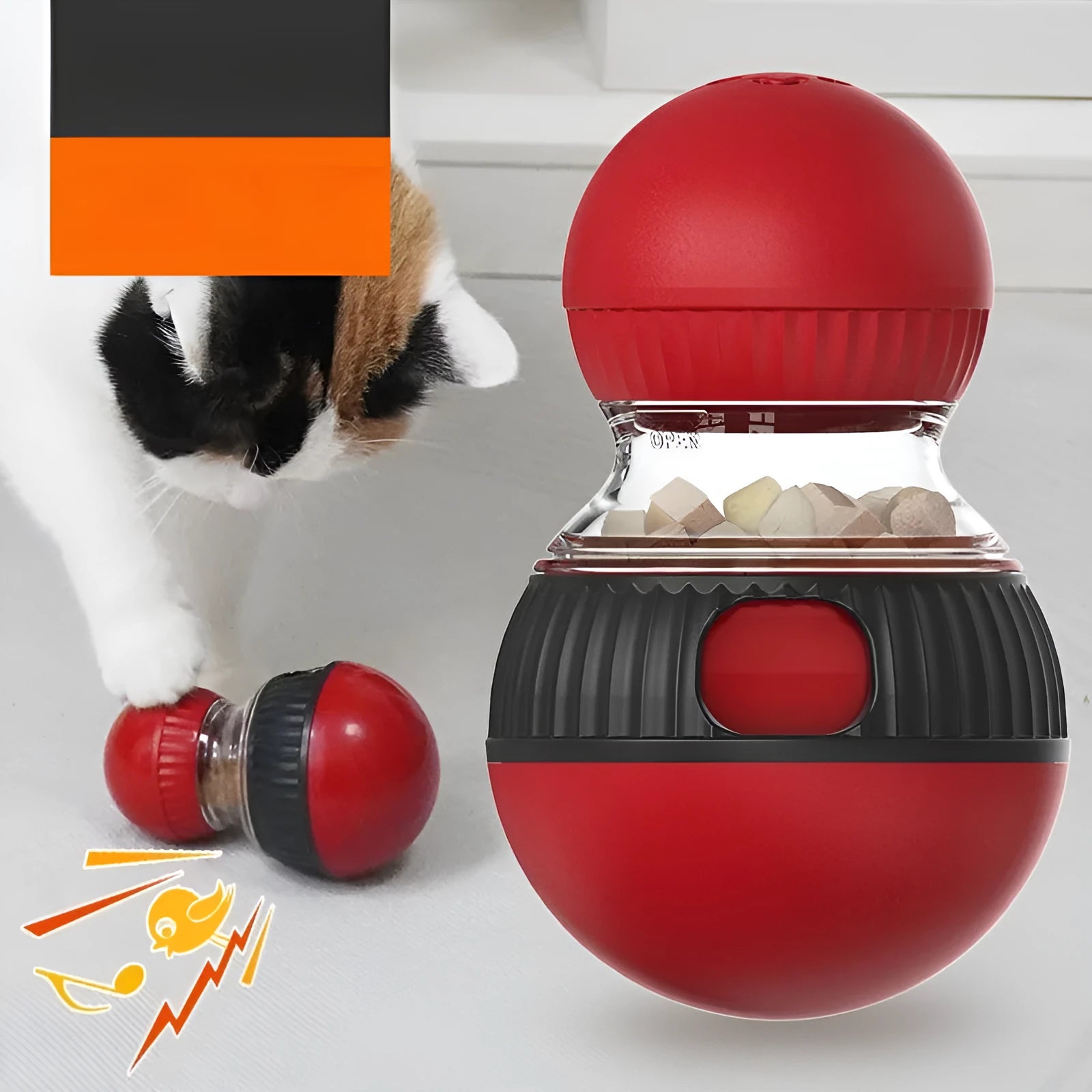 Rotating plastic cat toy with colourful super ball design and food dropping mechanism