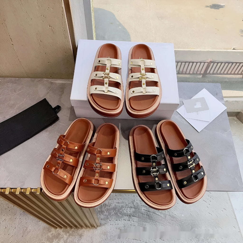 Women's retro Roman style sandal slippers in patent leather finish with adjustable ankle straps.