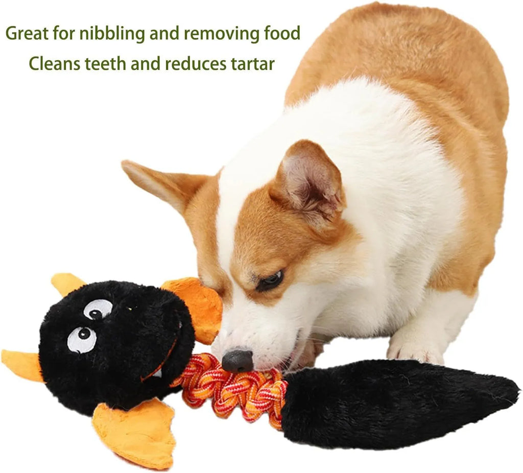 Soft rabbit fleece plush dog toy with squeaker and rope, in black, green, or red, measuring 44 cm long.