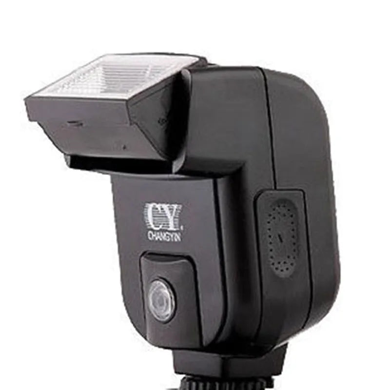 Silver hot shoe camera flash unit mounted on an SLR, shown with its head tilted upwards.