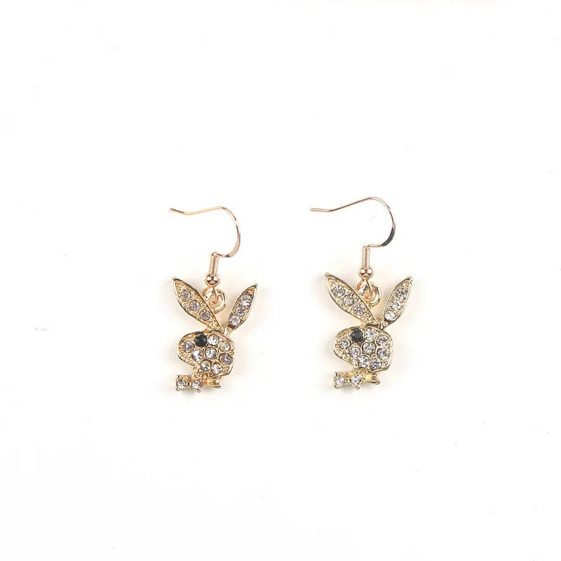 Rabbit stud earrings with diamond detailing in gold, pink or silver cartoon animal design