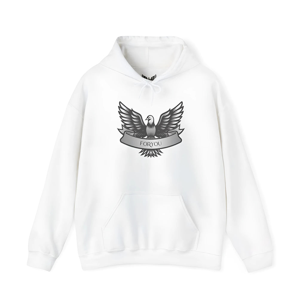 White cotton blend polyester hoodie with hood and long sleeves on hanger