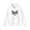 White cotton blend polyester hoodie with hood and long sleeves on hanger