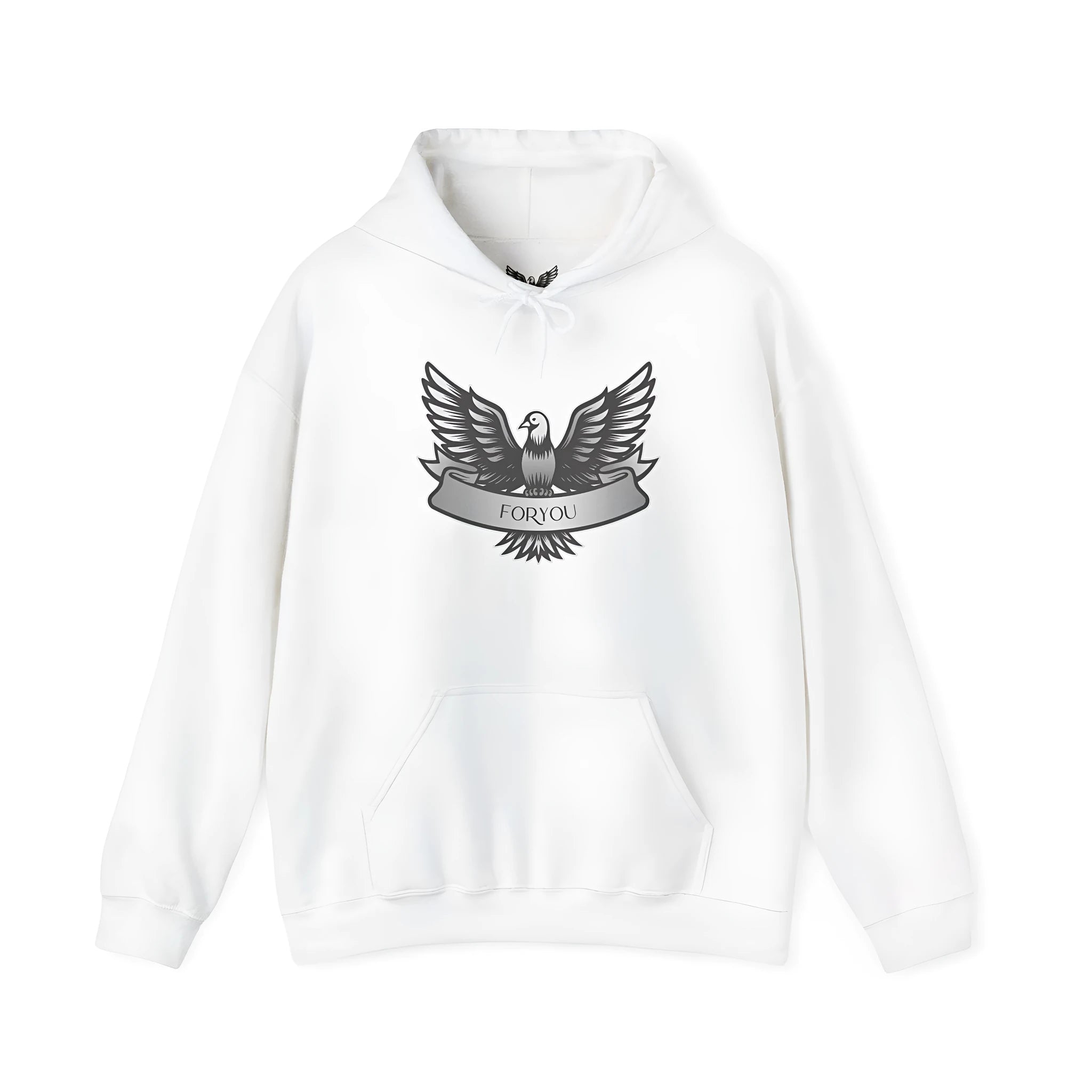 White cotton blend polyester hoodie with hood and long sleeves on hanger