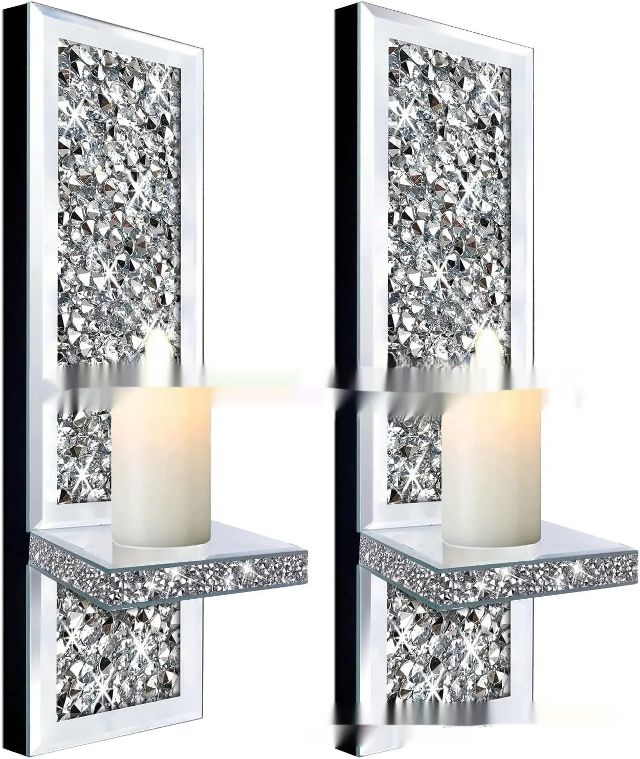 A pair of tall silver mirror glass candle holders designed for wall mounting