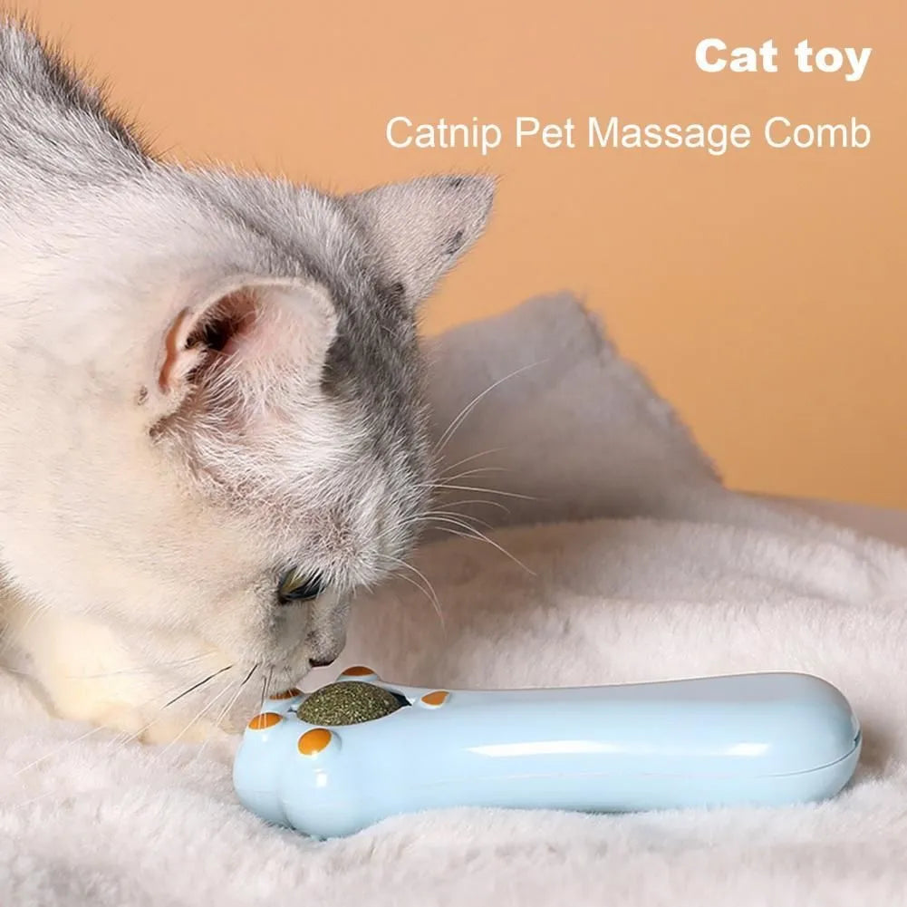 Dual-purpose cat massage comb with gentle teeth and catnip in cartoon design