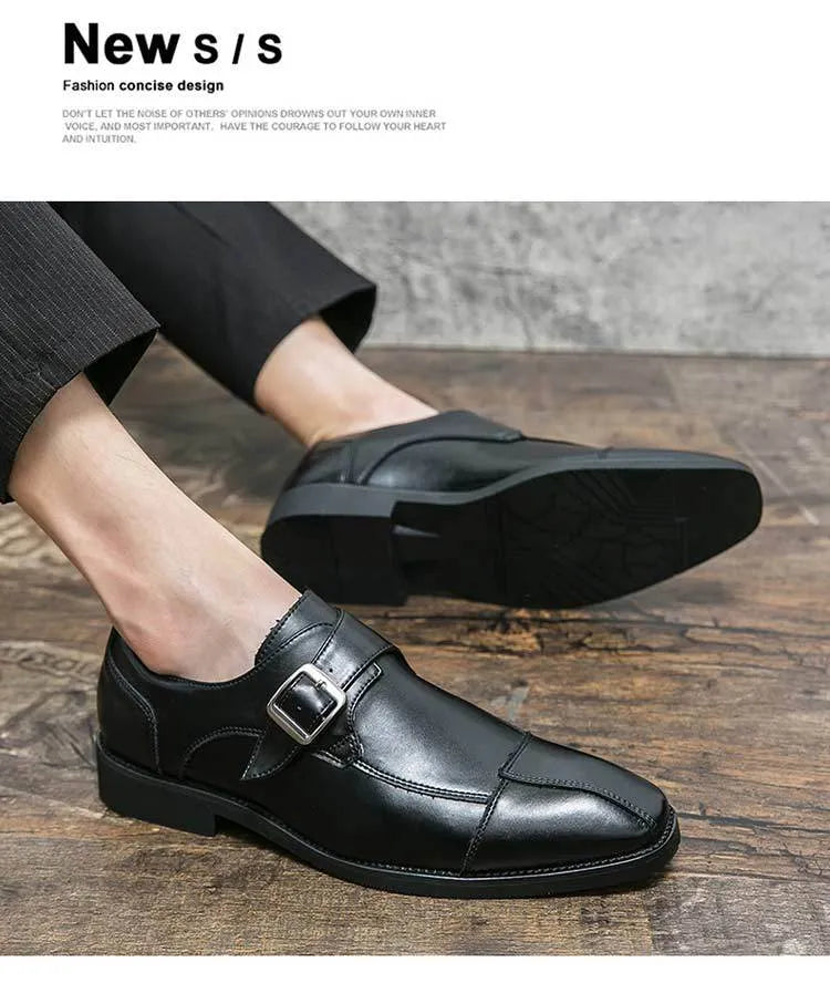 Men's brown blue retro buckle casual leather shoes with tall crown height.