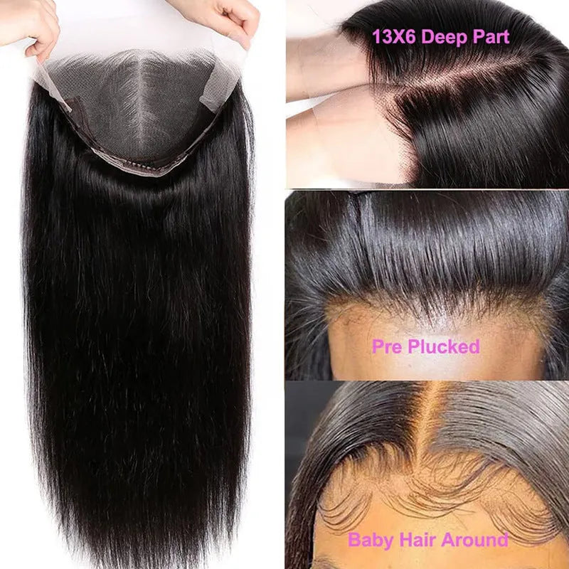 13x6 straight lace front human hair wig in black showing natural hairline and straight style