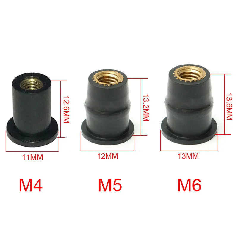 Black motorcycle well nut fasteners with brass inserts in M4, M5, and M6 sizes