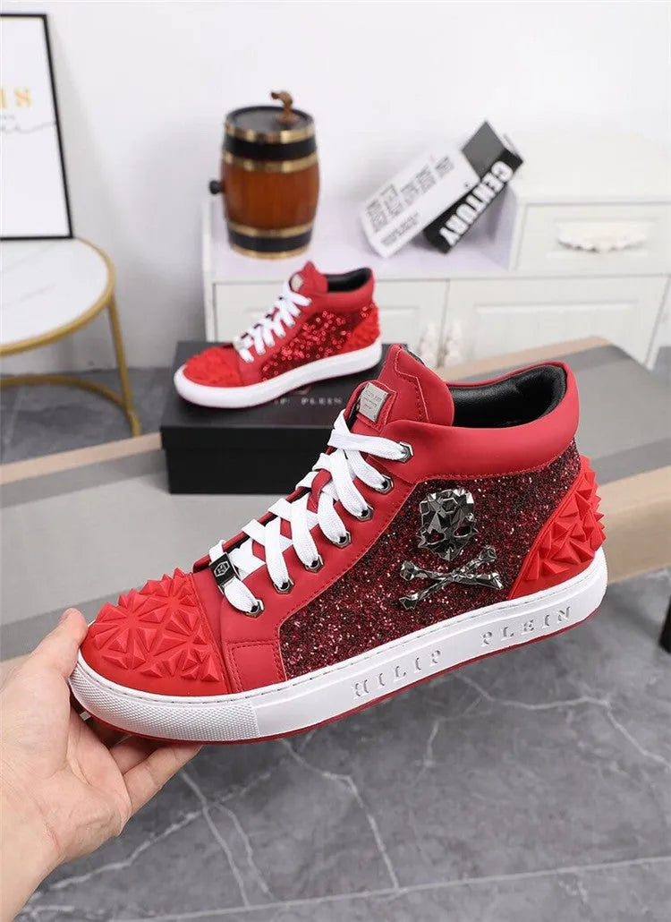 Men's black and red high top skeleton shoes made from genuine leather with a lace-up front.