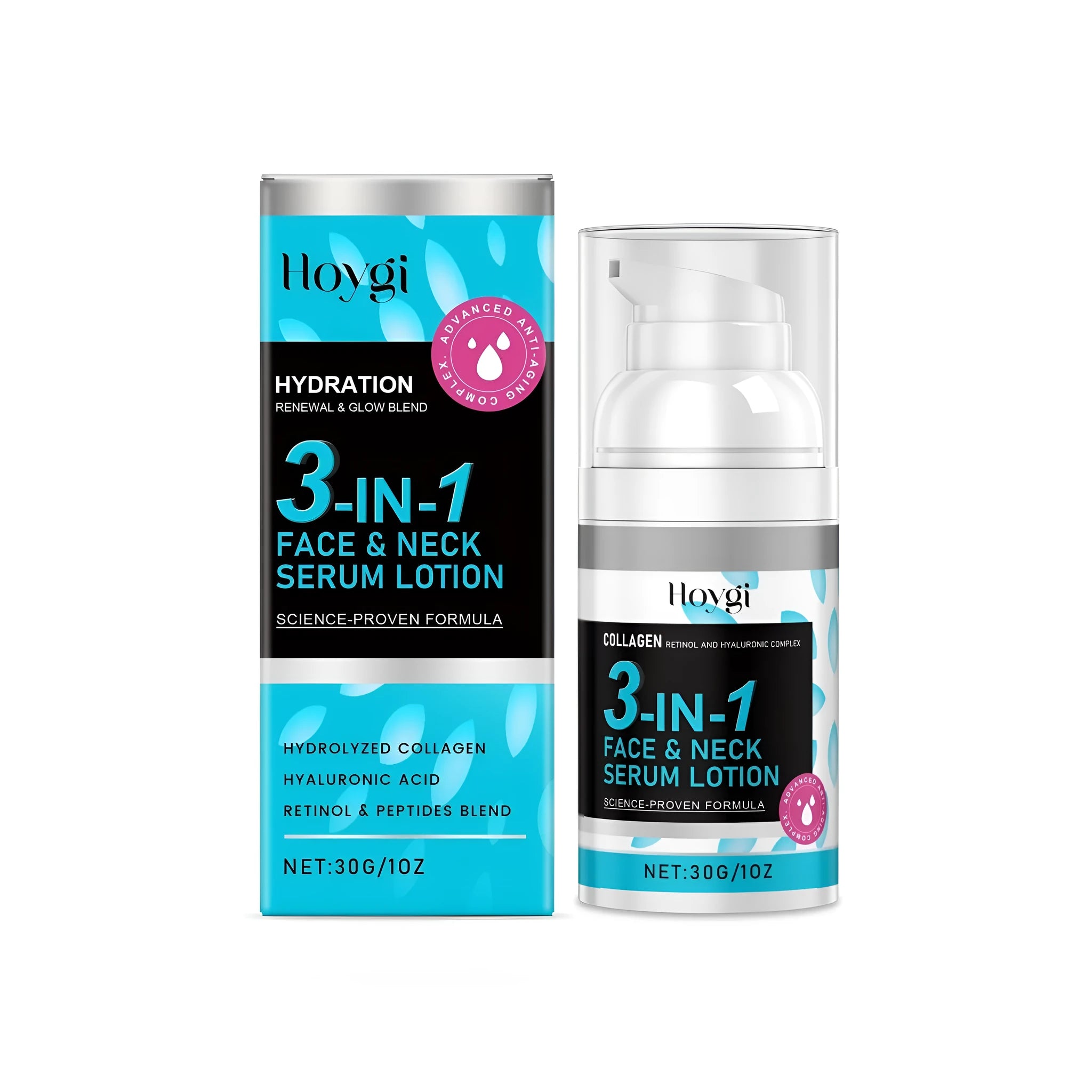 30g bottle of face and neck serum lotion with collagen, retinol, and hyaluronic acid.