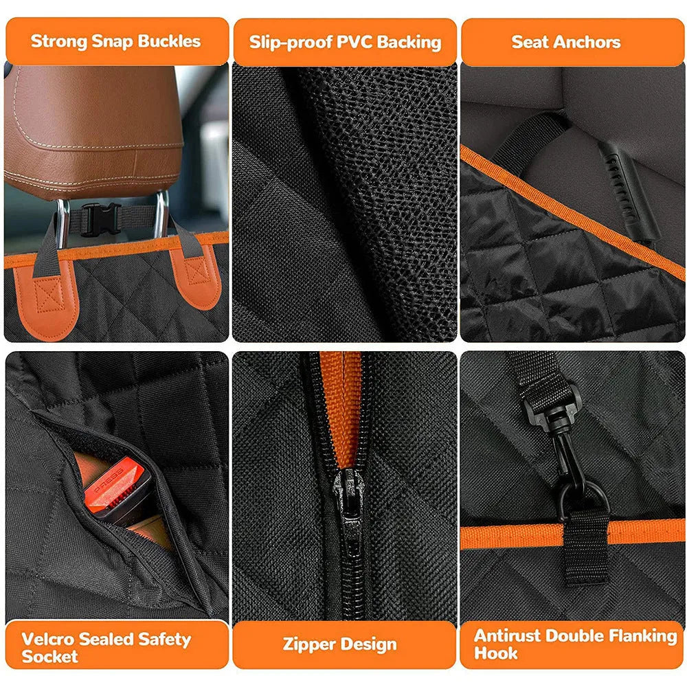 Black waterproof dog car seat cover with orange edging on a car rear seat, showing mesh window.