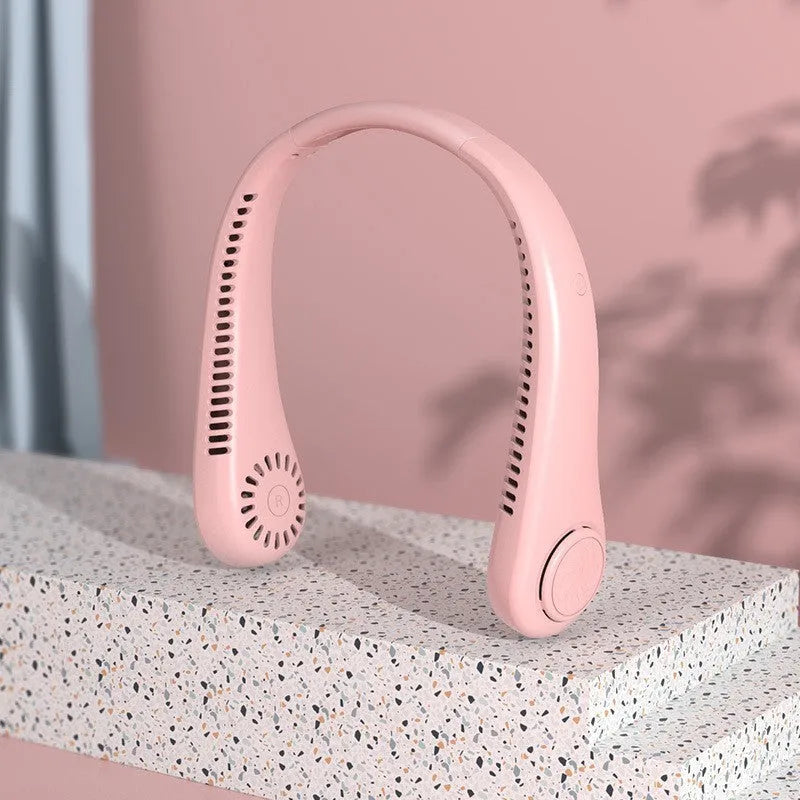 Blue USB rechargeable bladeless neck fan with a soft silicone neckband.