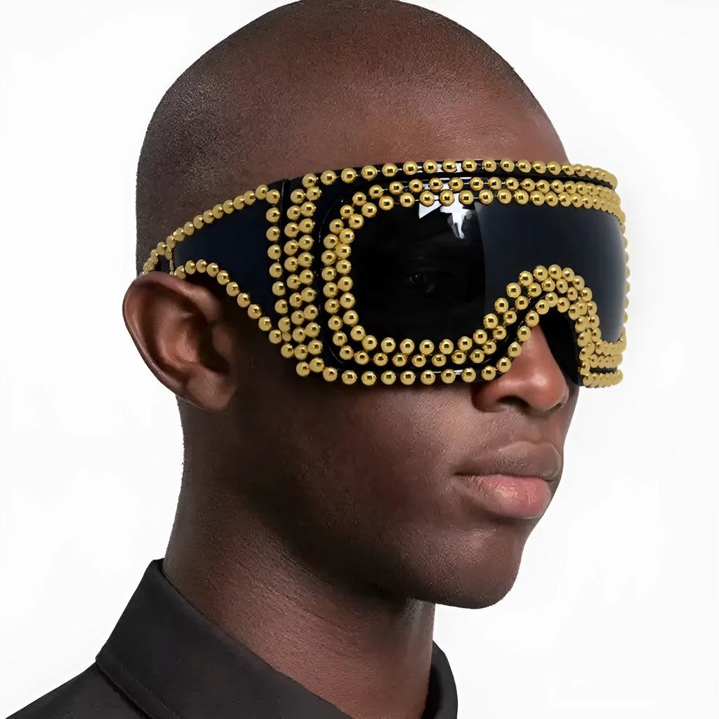 Men's large rim punk sunglasses with square rivet details in silver colour
